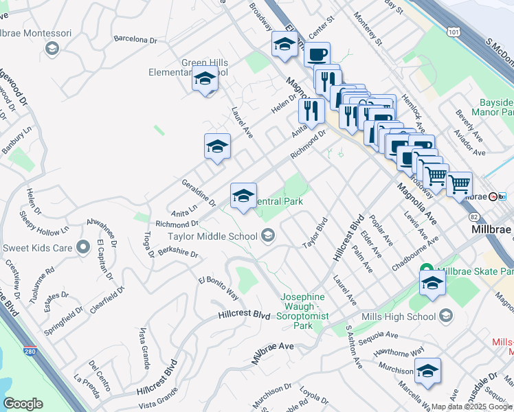 map of restaurants, bars, coffee shops, grocery stores, and more near 550 Hazel Avenue in Millbrae