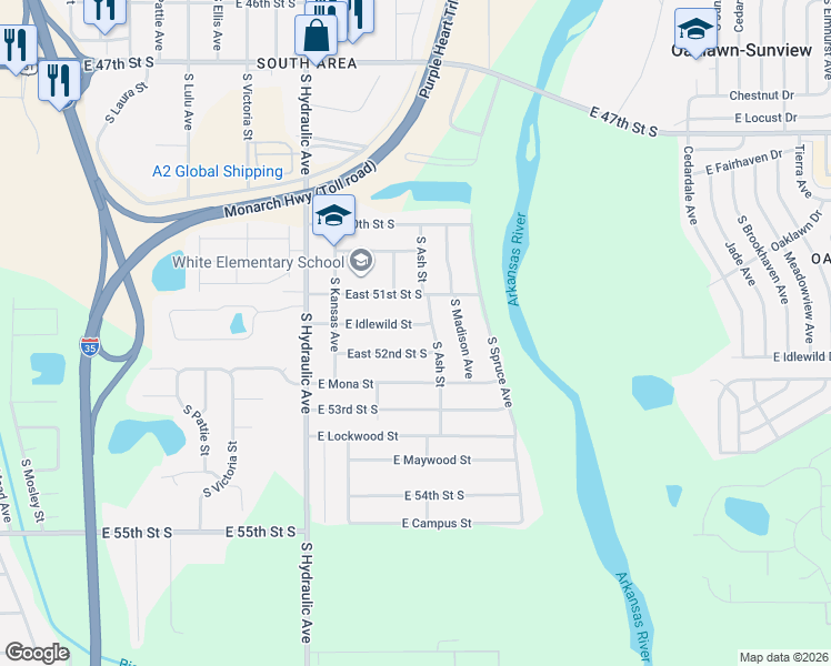 map of restaurants, bars, coffee shops, grocery stores, and more near 5301 South Ash Street in Wichita