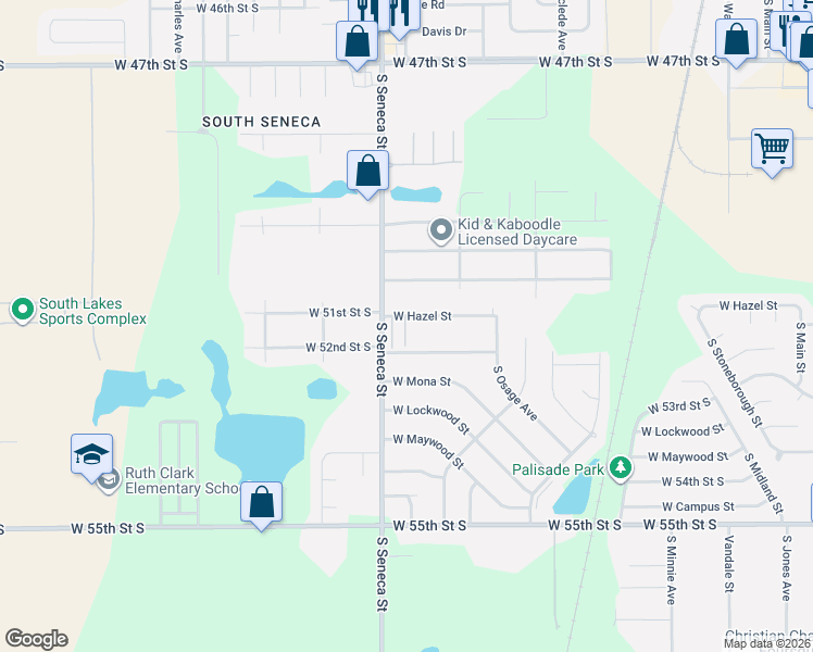 map of restaurants, bars, coffee shops, grocery stores, and more near 1000-1098 W 52nd St S in Wichita
