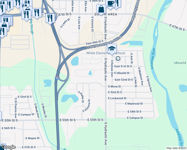 map of restaurants, bars, coffee shops, grocery stores, and more near 5574 South Victoria Avenue in Wichita