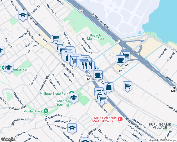 map of restaurants, bars, coffee shops, grocery stores, and more near 113 El Camino Real in Millbrae