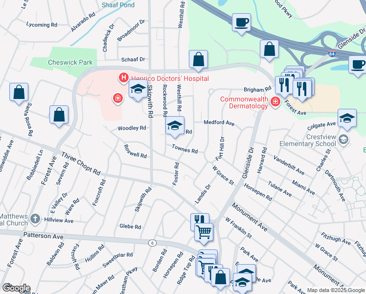 map of restaurants, bars, coffee shops, grocery stores, and more near 1500 Foster Road in Richmond