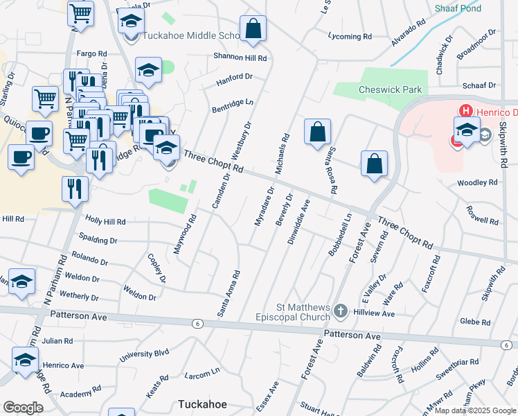 map of restaurants, bars, coffee shops, grocery stores, and more near 1416 Myradare Drive in Henrico