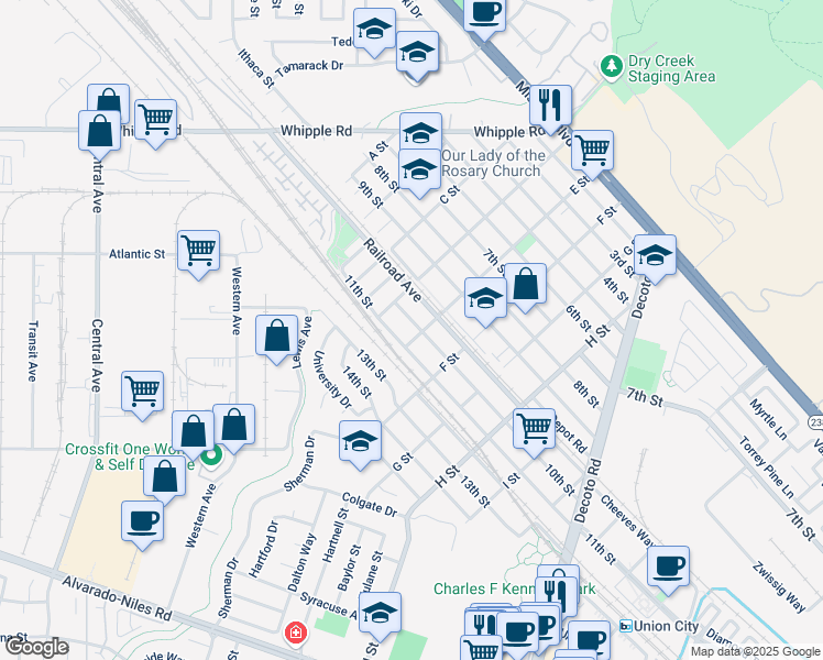 map of restaurants, bars, coffee shops, grocery stores, and more near 33437 Railroad Avenue in Union City
