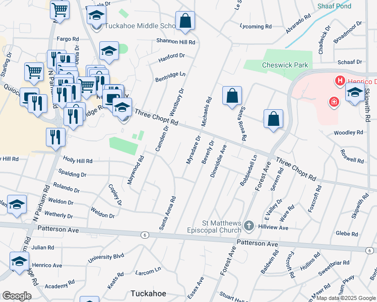map of restaurants, bars, coffee shops, grocery stores, and more near 1416 Myradare Drive in Henrico