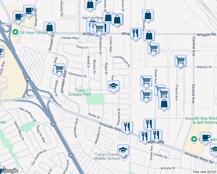 map of restaurants, bars, coffee shops, grocery stores, and more near 2447 Regal Drive in Union City