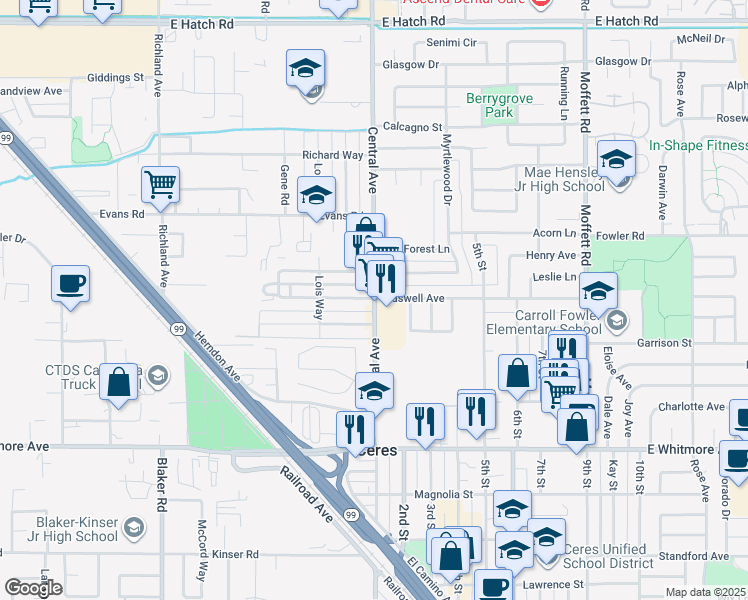 map of restaurants, bars, coffee shops, grocery stores, and more near 1901 Central Avenue in Ceres