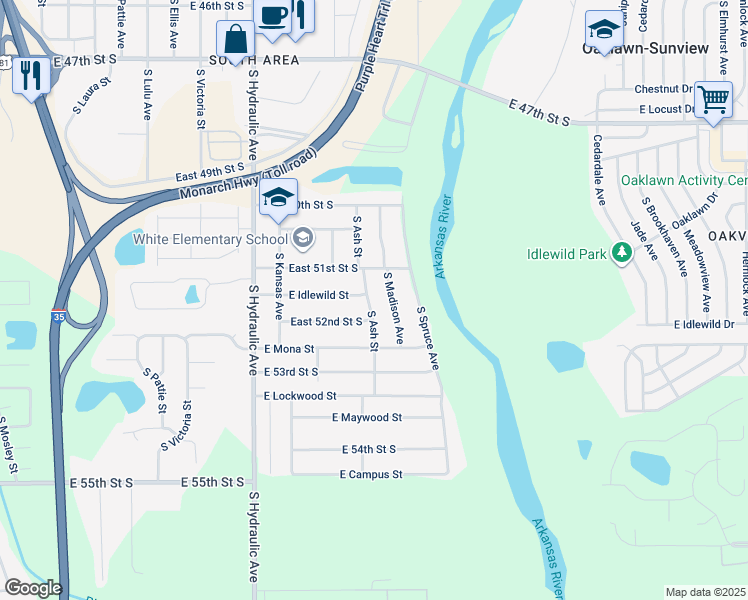 map of restaurants, bars, coffee shops, grocery stores, and more near 5240 South Ash Street in Wichita