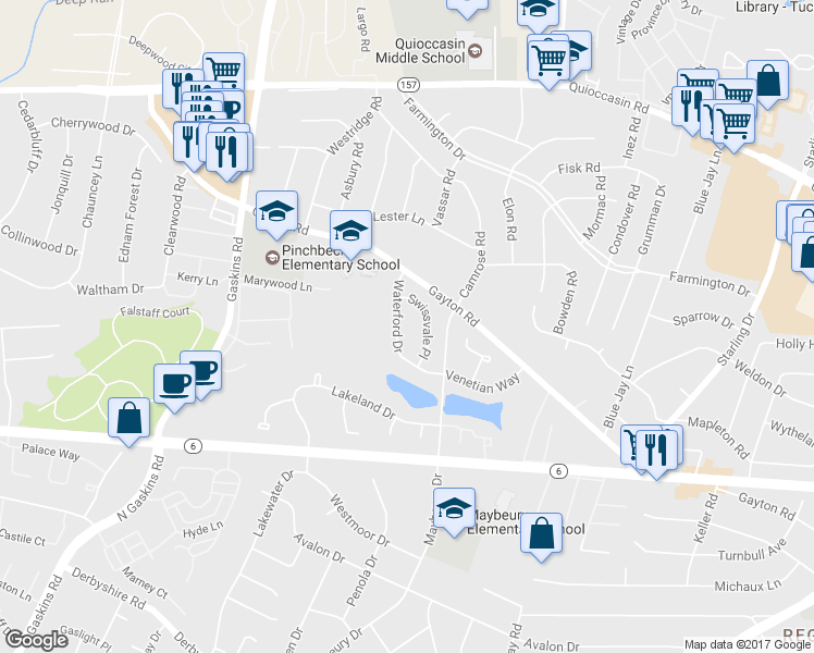 map of restaurants, bars, coffee shops, grocery stores, and more near 1107 Waterford Drive in Richmond