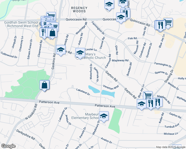 map of restaurants, bars, coffee shops, grocery stores, and more near 1107 Waterford Drive in Richmond