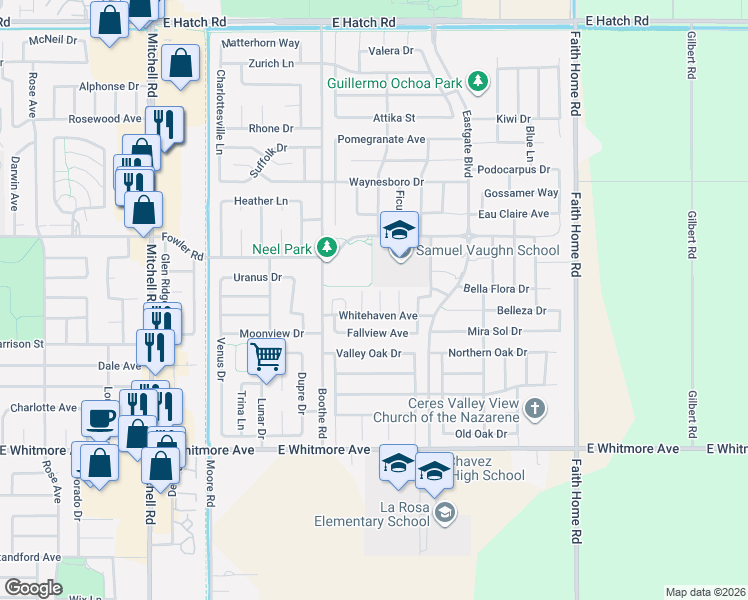 map of restaurants, bars, coffee shops, grocery stores, and more near 2021 Loring Court in Ceres