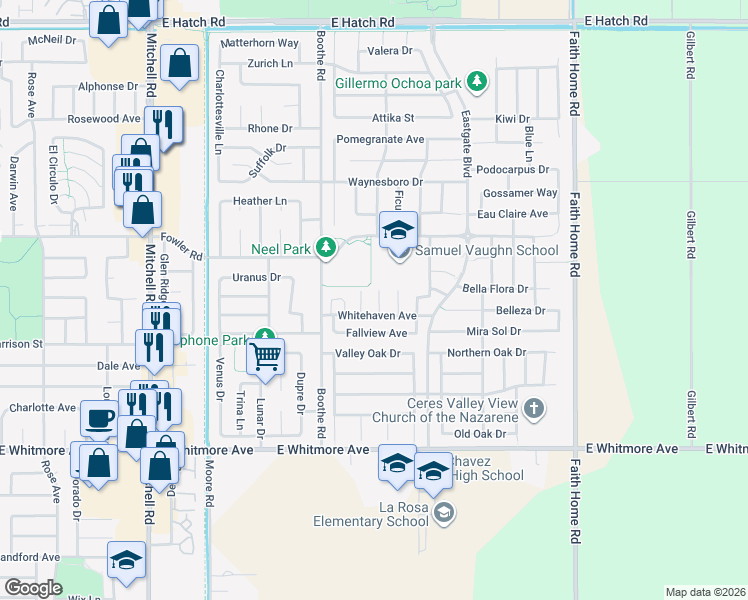 map of restaurants, bars, coffee shops, grocery stores, and more near 2021 Loring Court in Ceres