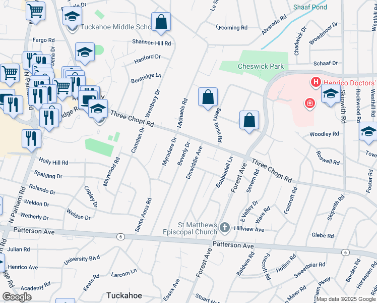 map of restaurants, bars, coffee shops, grocery stores, and more near 1409 Beverly Drive in Richmond