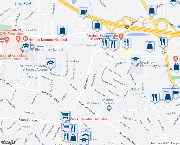 map of restaurants, bars, coffee shops, grocery stores, and more near 1525 Glenside Drive in Richmond