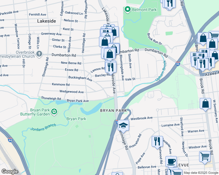 map of restaurants, bars, coffee shops, grocery stores, and more near 2104 Wedgewood Avenue in Henrico