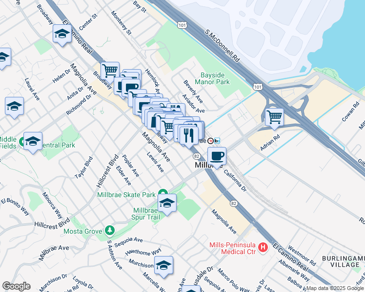 map of restaurants, bars, coffee shops, grocery stores, and more near in Millbrae