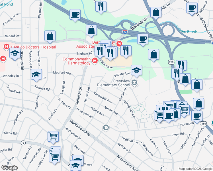 map of restaurants, bars, coffee shops, grocery stores, and more near 1902 Colgate Avenue in Richmond