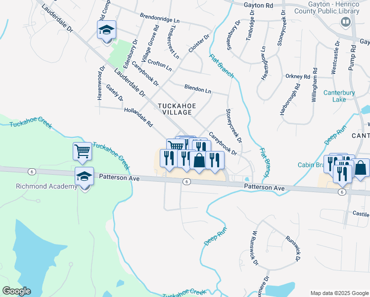 map of restaurants, bars, coffee shops, grocery stores, and more near 1601 Hollandale Road in Richmond