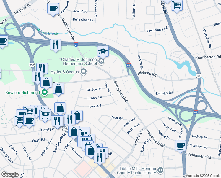 map of restaurants, bars, coffee shops, grocery stores, and more near 5414 Tacoma Street in Richmond