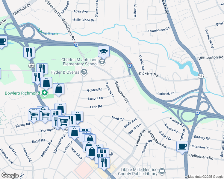 map of restaurants, bars, coffee shops, grocery stores, and more near 5414 Tacoma Street in Richmond