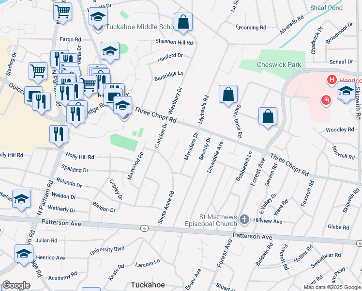 map of restaurants, bars, coffee shops, grocery stores, and more near 1415 Coronet Drive in Richmond