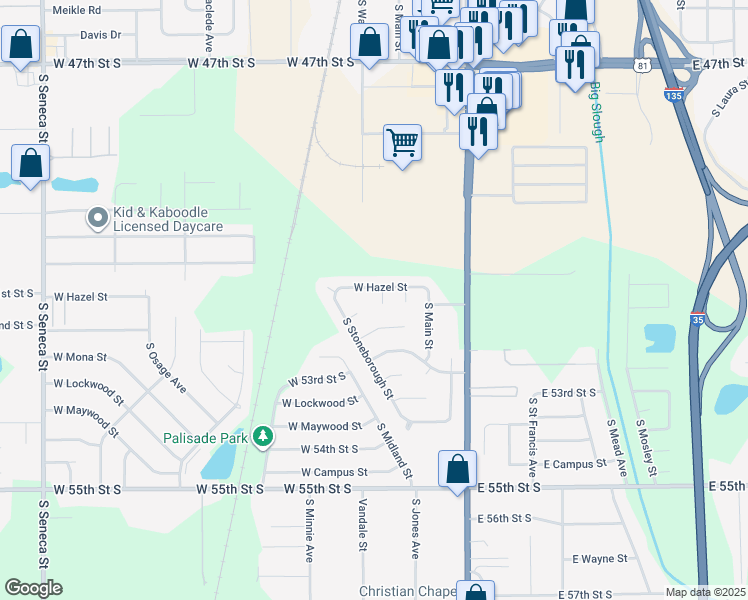 map of restaurants, bars, coffee shops, grocery stores, and more near 225 West Hazel Court in Wichita