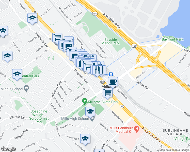 map of restaurants, bars, coffee shops, grocery stores, and more near in Millbrae