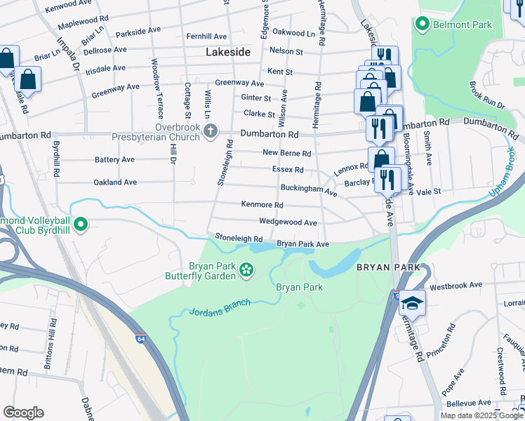 map of restaurants, bars, coffee shops, grocery stores, and more near 2410 Kenmore Road in Richmond