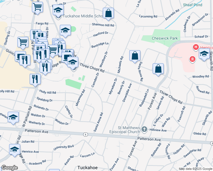map of restaurants, bars, coffee shops, grocery stores, and more near 1415 Coronet Drive in Richmond