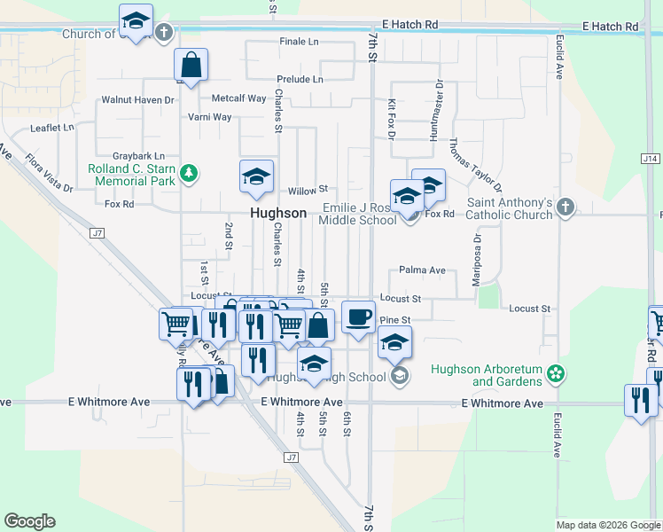 map of restaurants, bars, coffee shops, grocery stores, and more near 2067 6th Street in Ceres