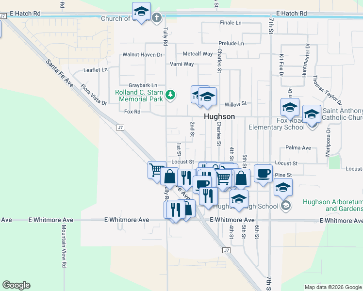 map of restaurants, bars, coffee shops, grocery stores, and more near 6737 Walker Lane in Hughson