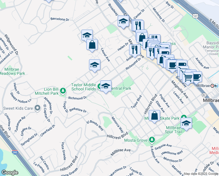 map of restaurants, bars, coffee shops, grocery stores, and more near 427 Richmond Drive in Millbrae