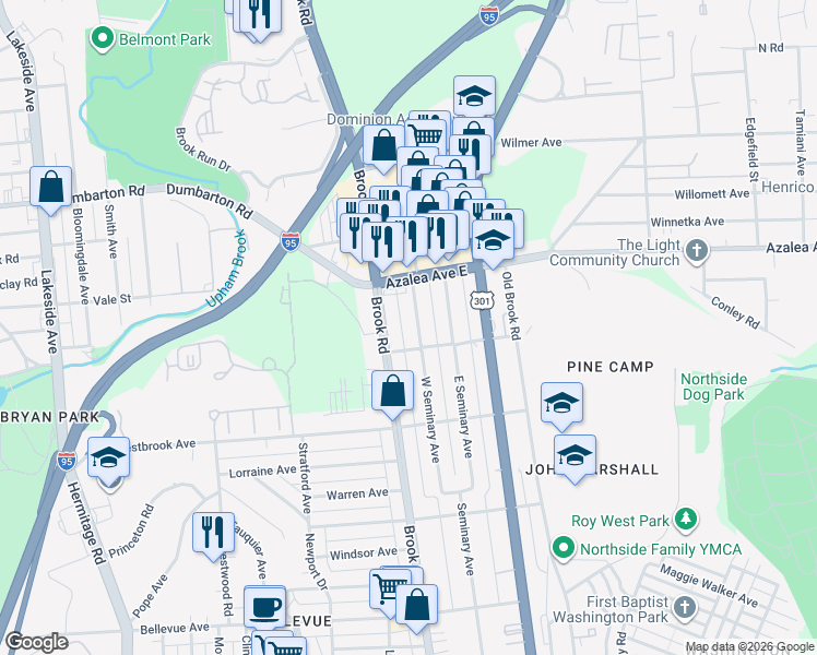 map of restaurants, bars, coffee shops, grocery stores, and more near 5015 West Seminary Avenue in Richmond