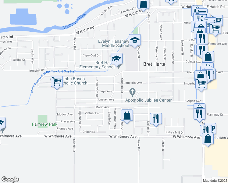 map of restaurants, bars, coffee shops, grocery stores, and more near 2023 Frazier Street in Modesto