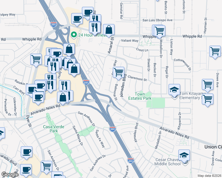 map of restaurants, bars, coffee shops, grocery stores, and more near 2469 Ascot Way in Union City