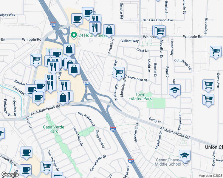 map of restaurants, bars, coffee shops, grocery stores, and more near 2469 Ascot Way in Union City
