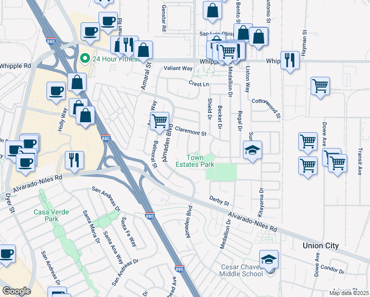 map of restaurants, bars, coffee shops, grocery stores, and more near 2461 Andover Drive in Union City