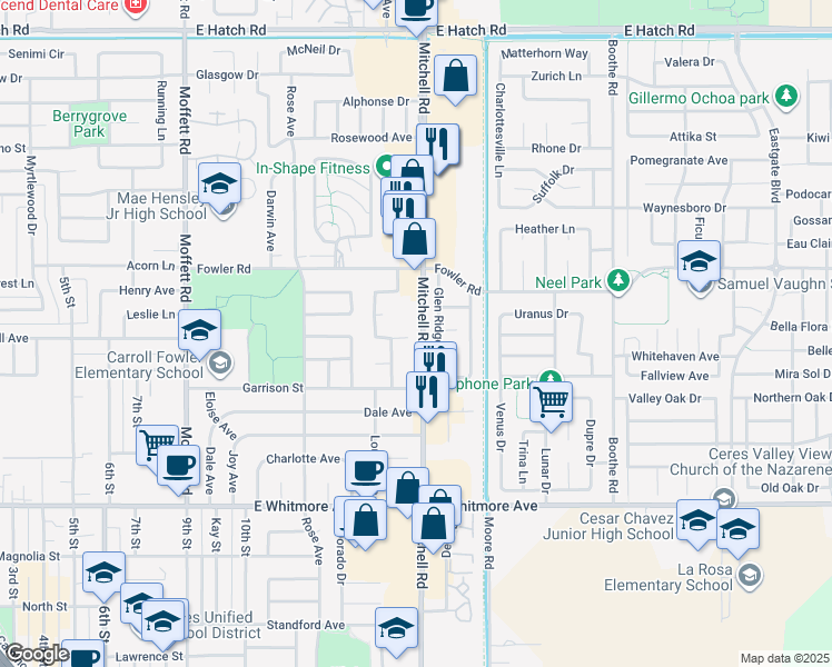 map of restaurants, bars, coffee shops, grocery stores, and more near 1955 Mitchell Road in Ceres