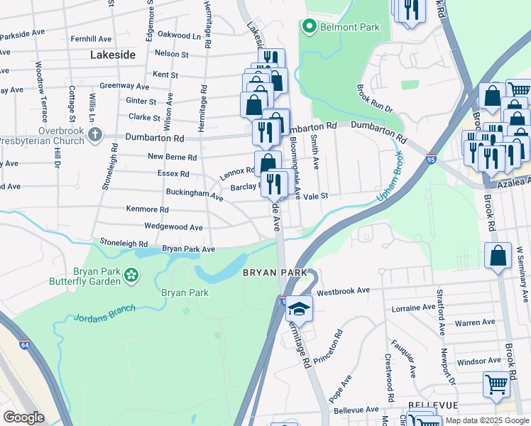 map of restaurants, bars, coffee shops, grocery stores, and more near 2104 Wedgewood Avenue in Henrico