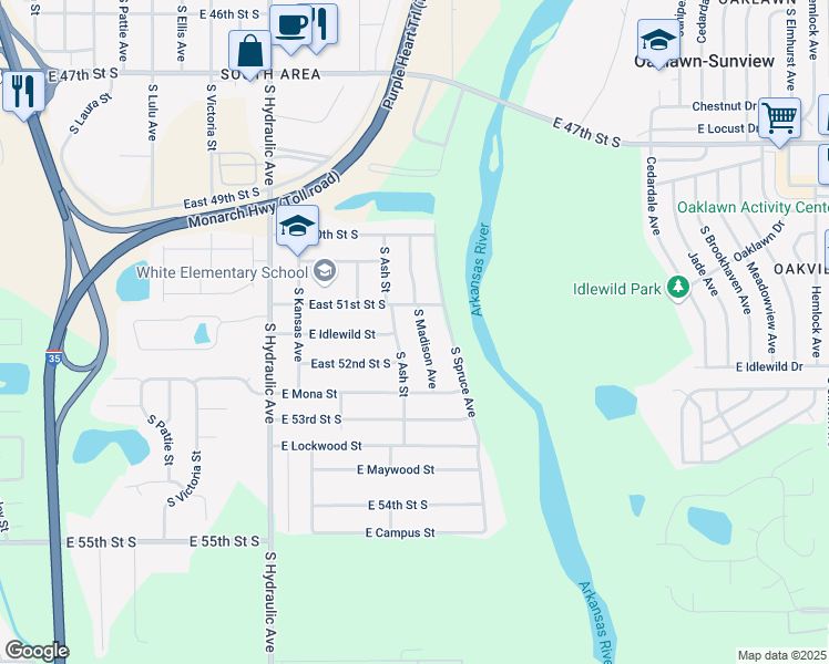 map of restaurants, bars, coffee shops, grocery stores, and more near 5215 South Spruce Street in Wichita