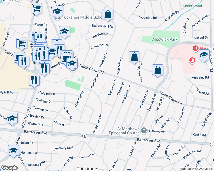 map of restaurants, bars, coffee shops, grocery stores, and more near 1417 Coronet Drive in Richmond