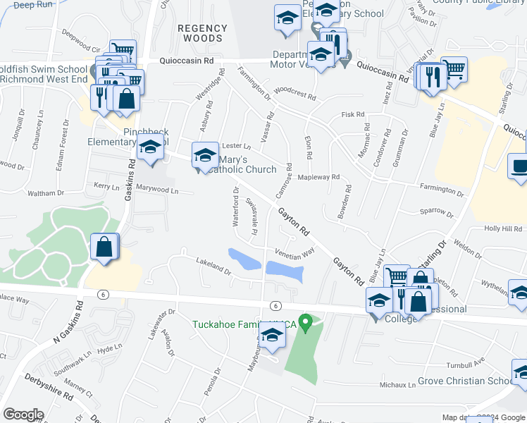 map of restaurants, bars, coffee shops, grocery stores, and more near 1109 Swissvale Place in Richmond