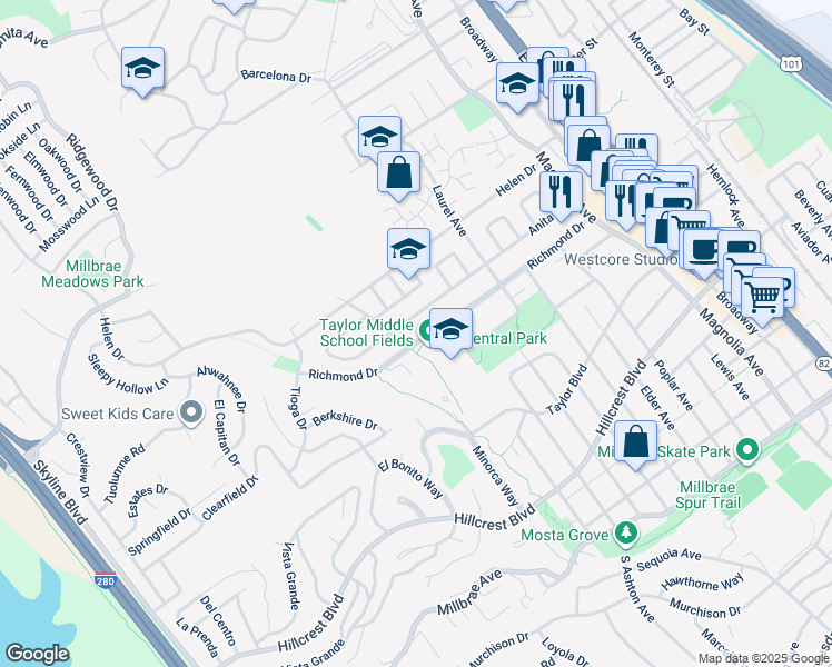 map of restaurants, bars, coffee shops, grocery stores, and more near 484 Anita Drive in Millbrae