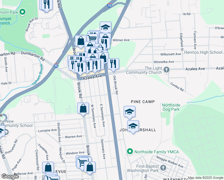 map of restaurants, bars, coffee shops, grocery stores, and more near 4907 Chamberlayne Avenue in Richmond