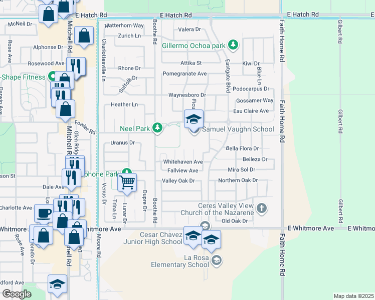 map of restaurants, bars, coffee shops, grocery stores, and more near 2022 Garland Court in Ceres