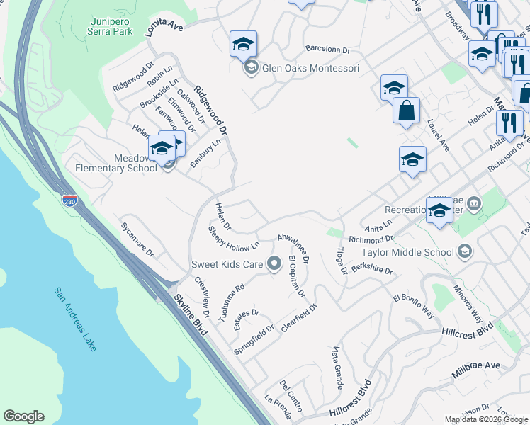 map of restaurants, bars, coffee shops, grocery stores, and more near 928 Evergreen Way in Millbrae