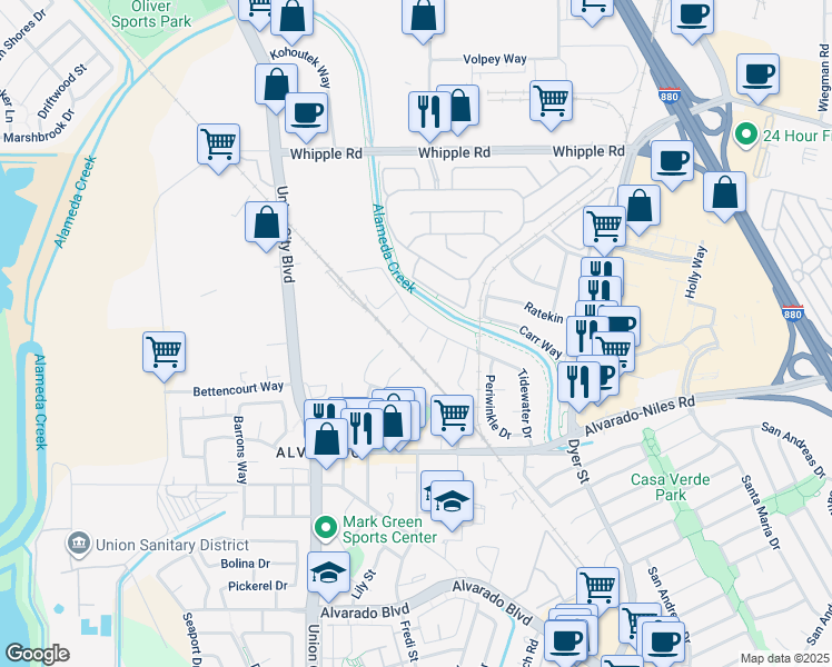 map of restaurants, bars, coffee shops, grocery stores, and more near 3513 Barnacle Court in Union City