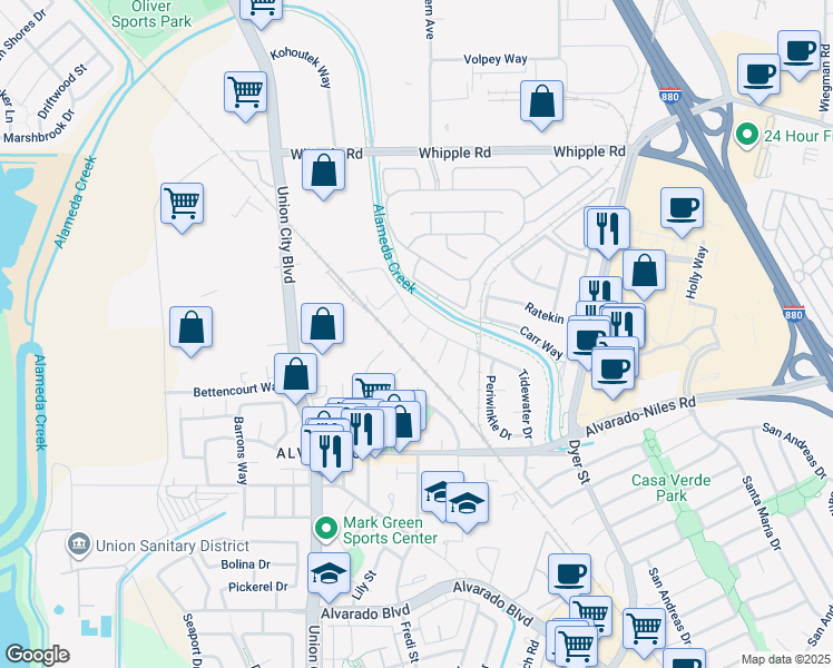 map of restaurants, bars, coffee shops, grocery stores, and more near 3513 Barnacle Court in Union City
