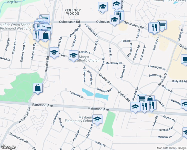 map of restaurants, bars, coffee shops, grocery stores, and more near 1109 Swissvale Place in Richmond