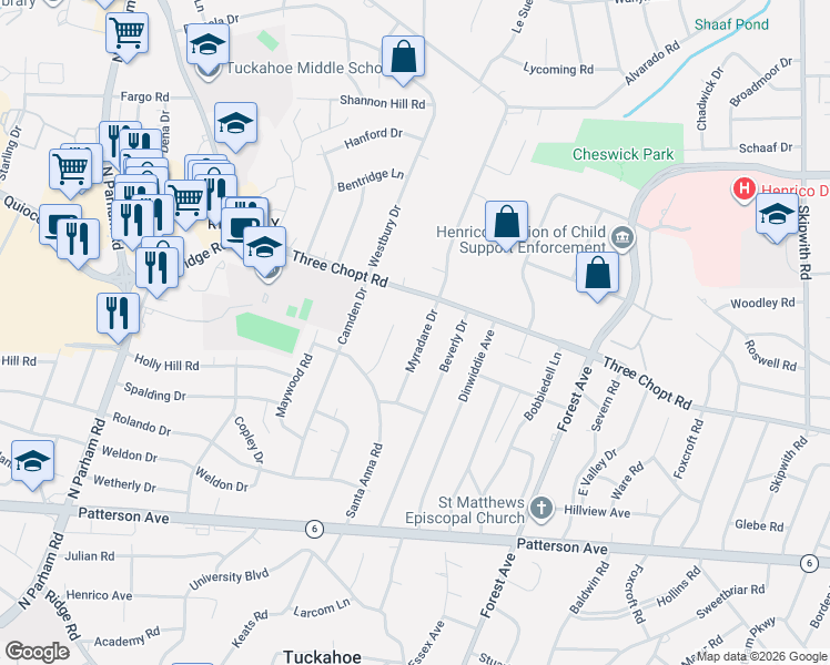 map of restaurants, bars, coffee shops, grocery stores, and more near 1419 Coronet Drive in Richmond